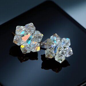 Vintage Aurora Borealis Crystal Clip On Earrings, 1950s Iridescent Glass Cluster